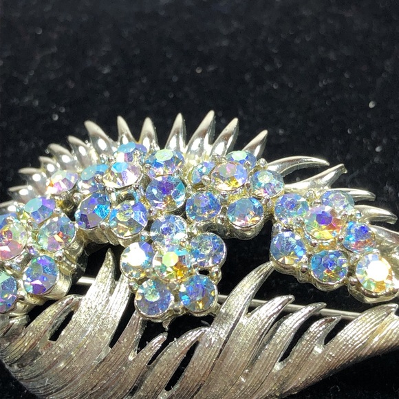 Vintage Coro Silver and AB Rhinestone Leaf Brooch